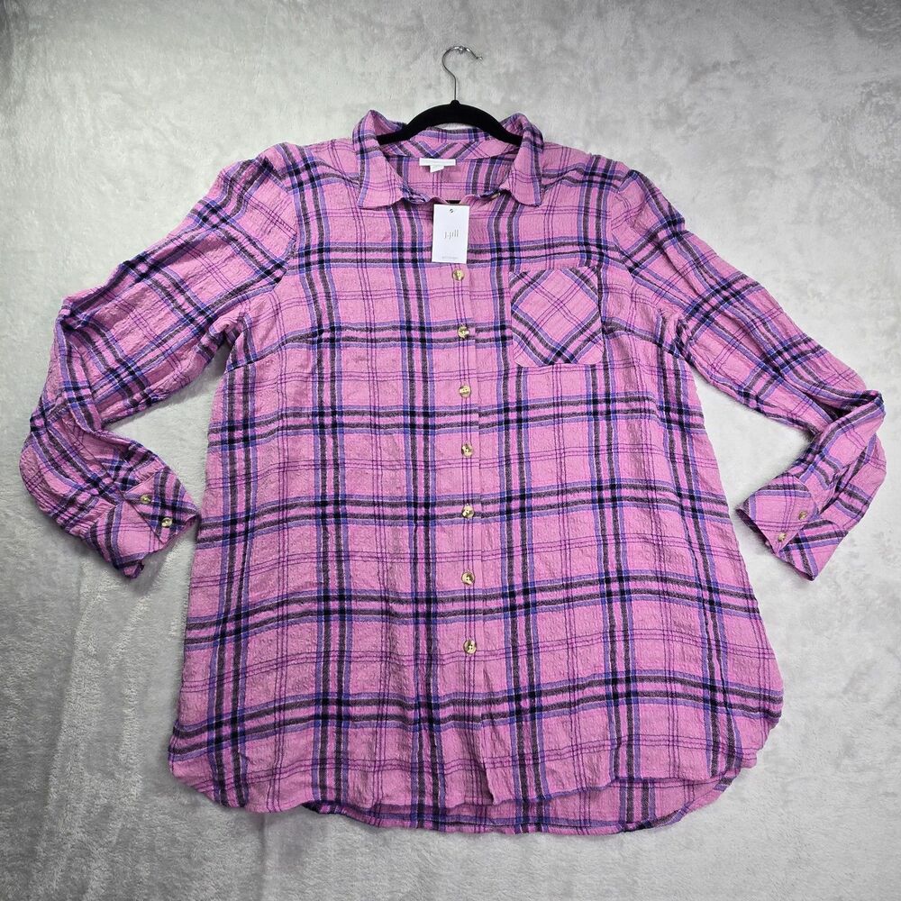 J. Jill Shirt Women's Large Button Down Plaid Textured Pink NWT Long Sleeve